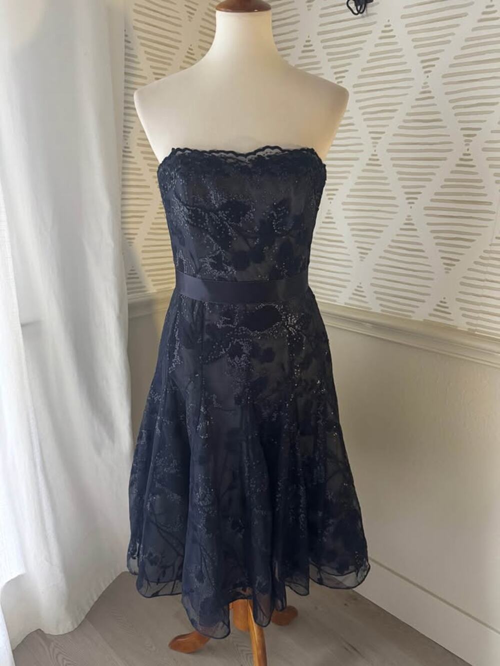 Liancarlo Couture Size 8 Navy Blue Strapless Jacquard Sequin Lace Cocktail Dress